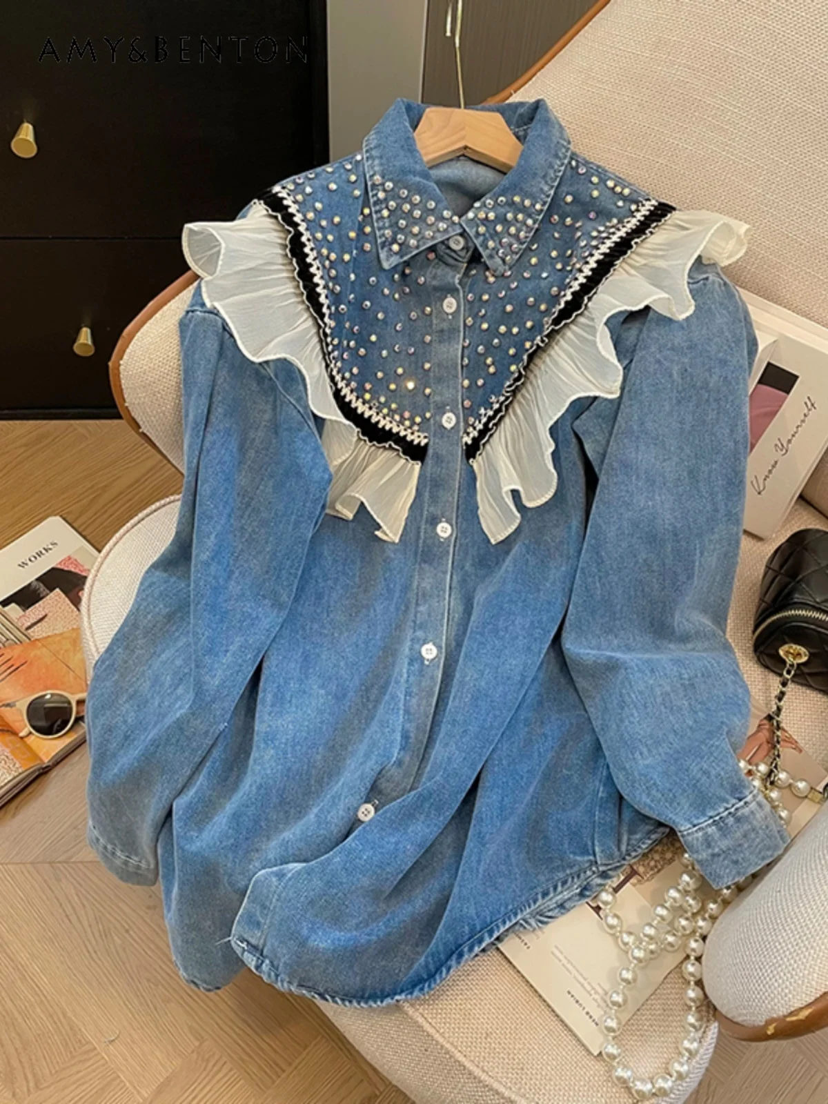 

Heavy Industry Beaded Diamond Denim Shirt Loose Casual Washed Single-breasted Jean Shirt Fashion Irregular Ruffled Shirt Women