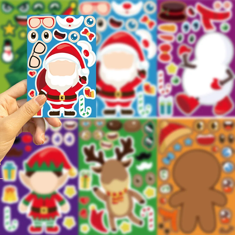 8/16Sheets Cartoon Christmas Stickers Make A Face Assemble Jigsaw Puzzle Stickers Make Your Own DIY Game Kids Educational Toys