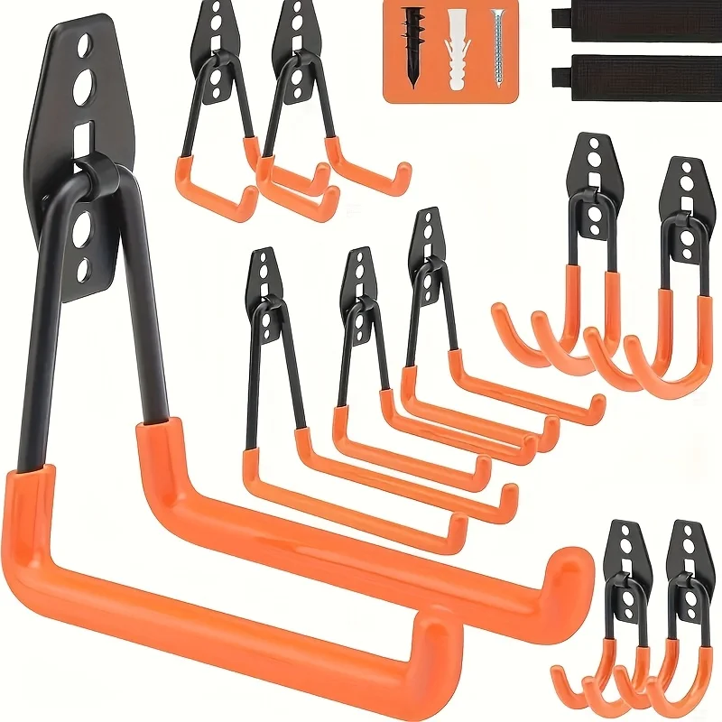 

Enhanced Set of 12 Robust Steel Hooks for Garage Storage, Designed for Wall Mounting to Organize Power Tools, Ladders, Large Items, And Bicycles (In Orange) for Efficient Garage Organization