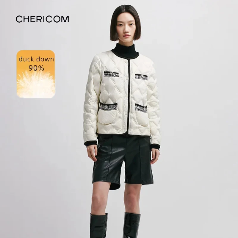 

Женский пуховик Chericom, привлекательный дизайн с графическим принтом и высоким воротником, короткие пальто премиум-класса с карманами на молнии Y298009Y