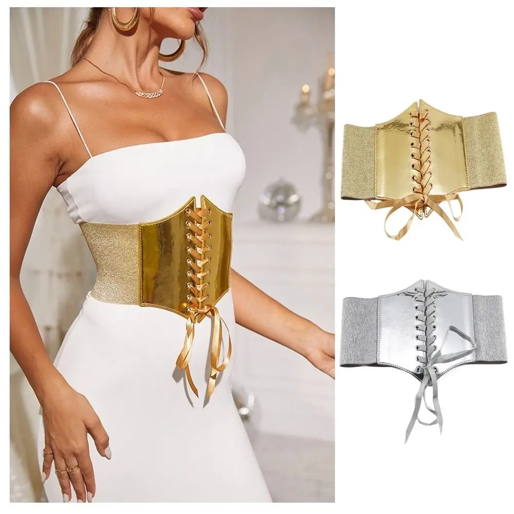 Cinto retrô versátil ouro prata couro PU cinto largo design elástico cinto com cadarço para mulheres