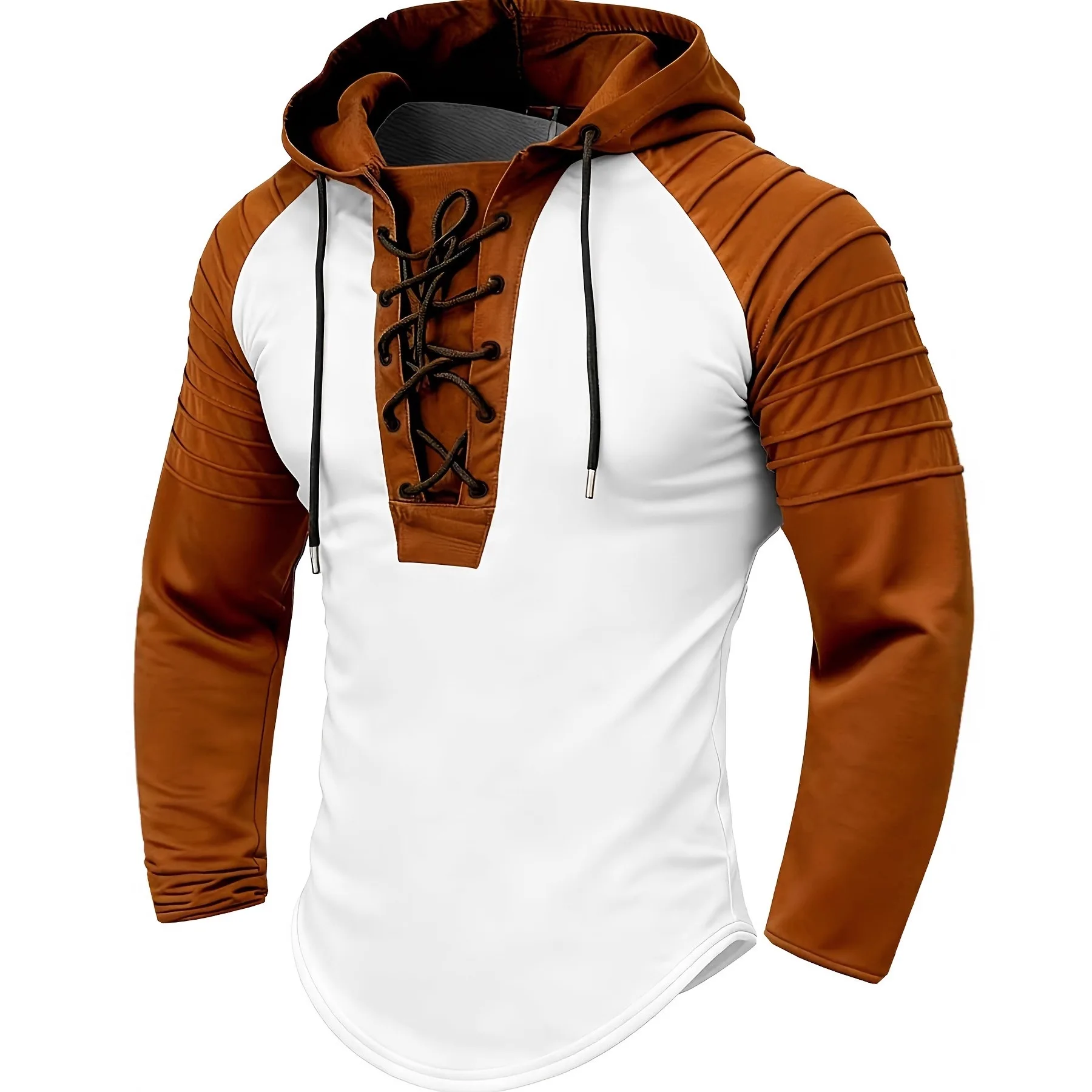 

Muscle Men's Clothing.Lace-ups Solid Color Hoodie New Men's T-shirt Top Wrinkled arm design Street Style Long-sleeved Sweatshirt