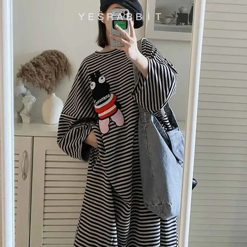 Oversized Women Clothing Casual Korean Striped Striped Midi Dress Autumn Trend Loose Printing Pullover Tshirt Dress Female Dress