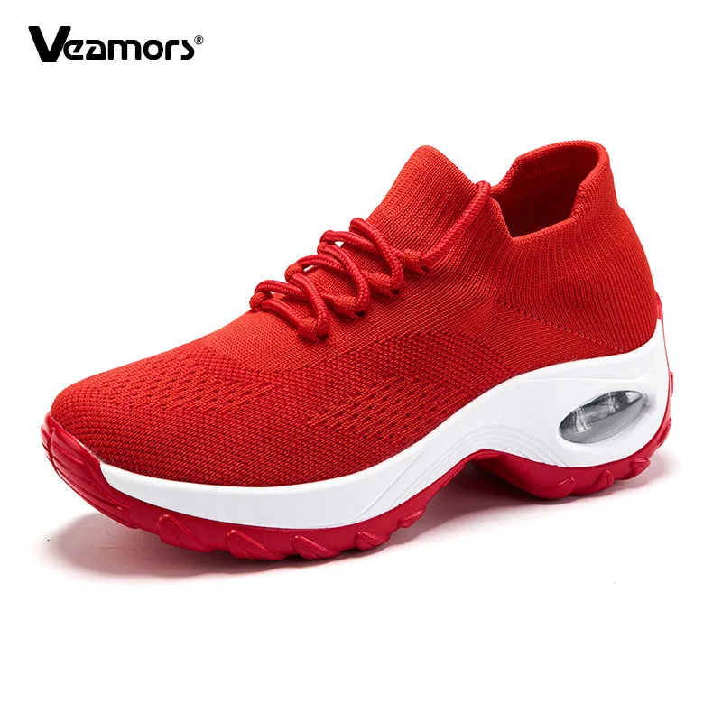 

Женская прогулочная обувь с вязаной сеткой, модная обувь на платформе со шнуровкой, женская дышащая повседневная спортивная обувь, нескользящие кроссовки