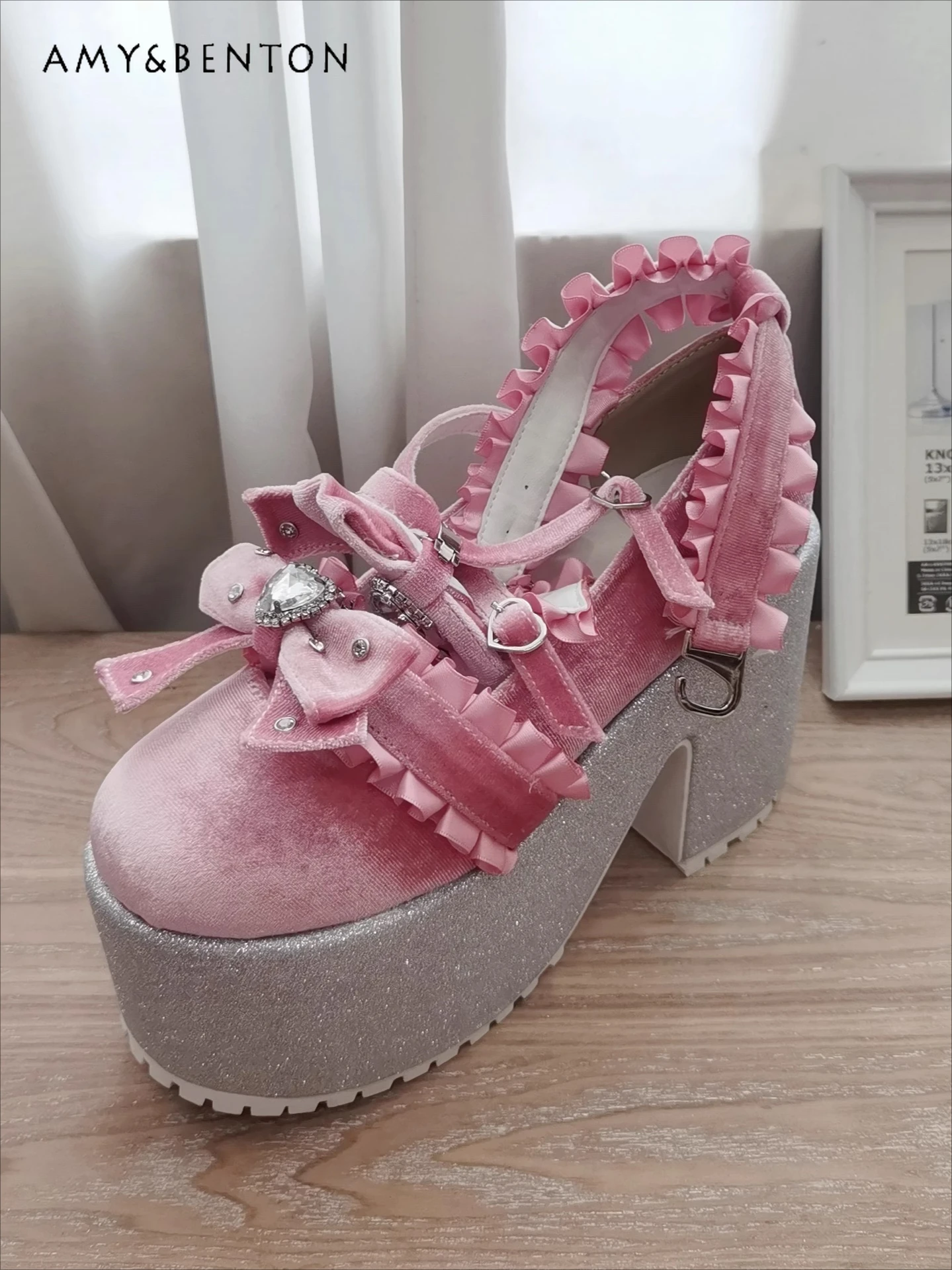 

Kawaii Sweet Girl High Heels Japanese Vintage Lolita Style Velvet Bow Rhinestone Mary Jane Shoes Elegant Princess Heels Women