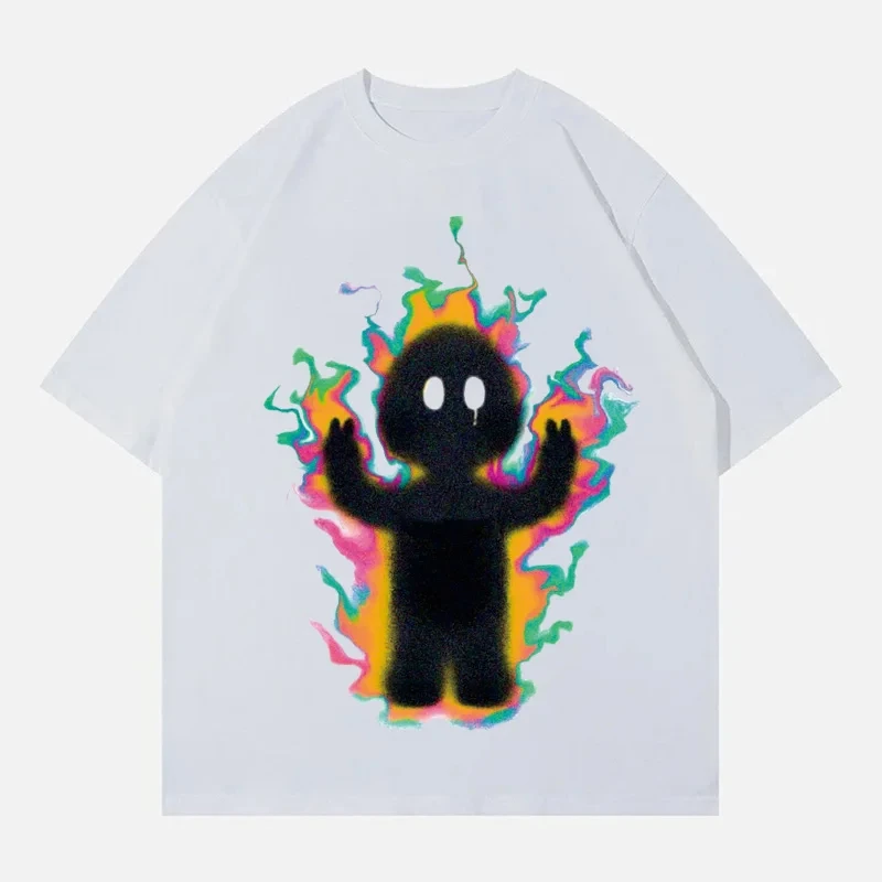 

Street trend women Fire Man patterned Gothic printed tees versatile Y2k Harajuku loose couple short sleeved oversized t-shirt