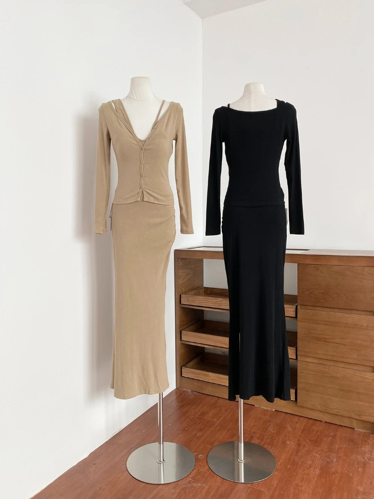 

2026 Summer New Korean Version Light Mature Sexy Bag Hip Waist Fish Tail Strap Dress+Sunscreen Cardigan Women Solid Color Set