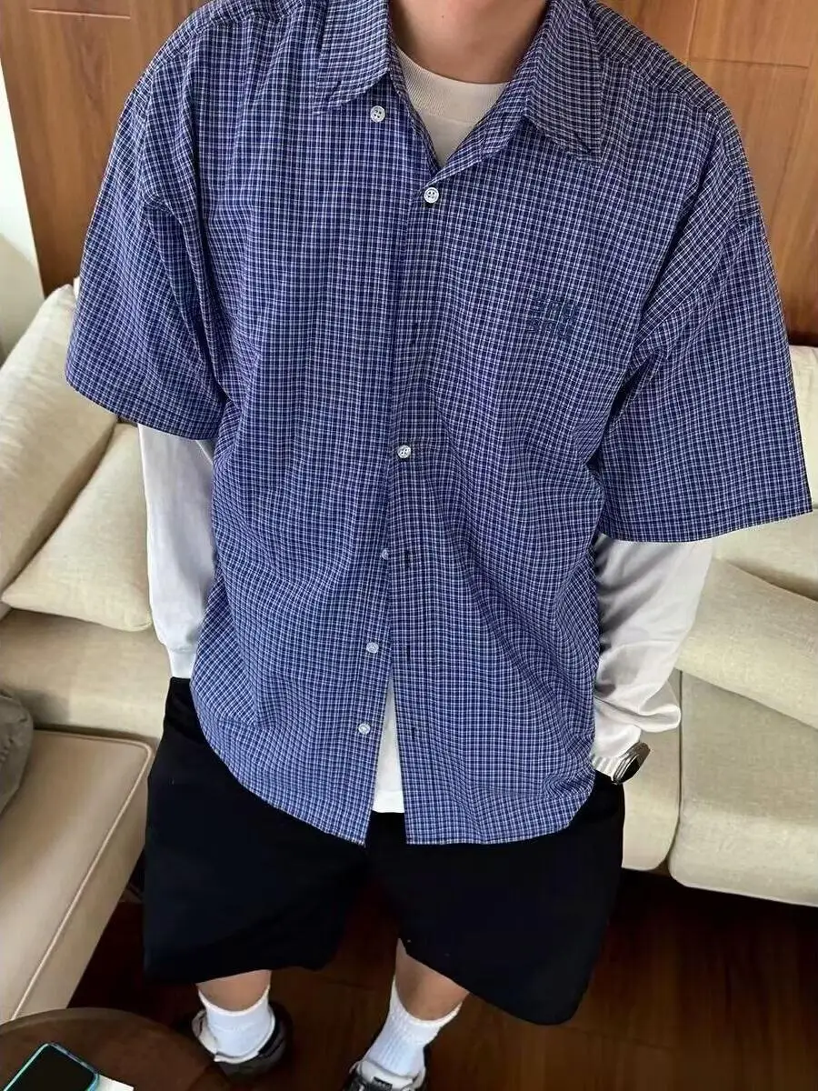 

Summer Thin ort Sve Plaid Retro Loose Casual American Collar Men's irt Trendy ex Cheered Print Classic Sle