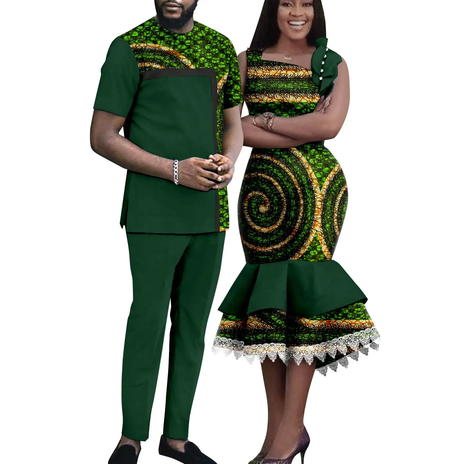 African Matching Outfit for Couples Dashiki Summer Women Ruffles Dresses Bazin Riche Men Patchwork Top and Pant Sets Y23C055