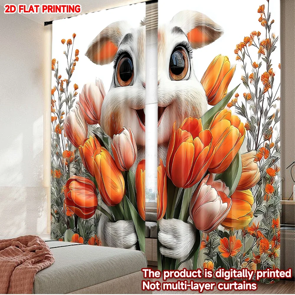 Impresión plana 2D, 2 uds., cortinas de poliéster con estampado Digital de Pascua feliz, decoración de fiesta familiar, perfecta para interiores