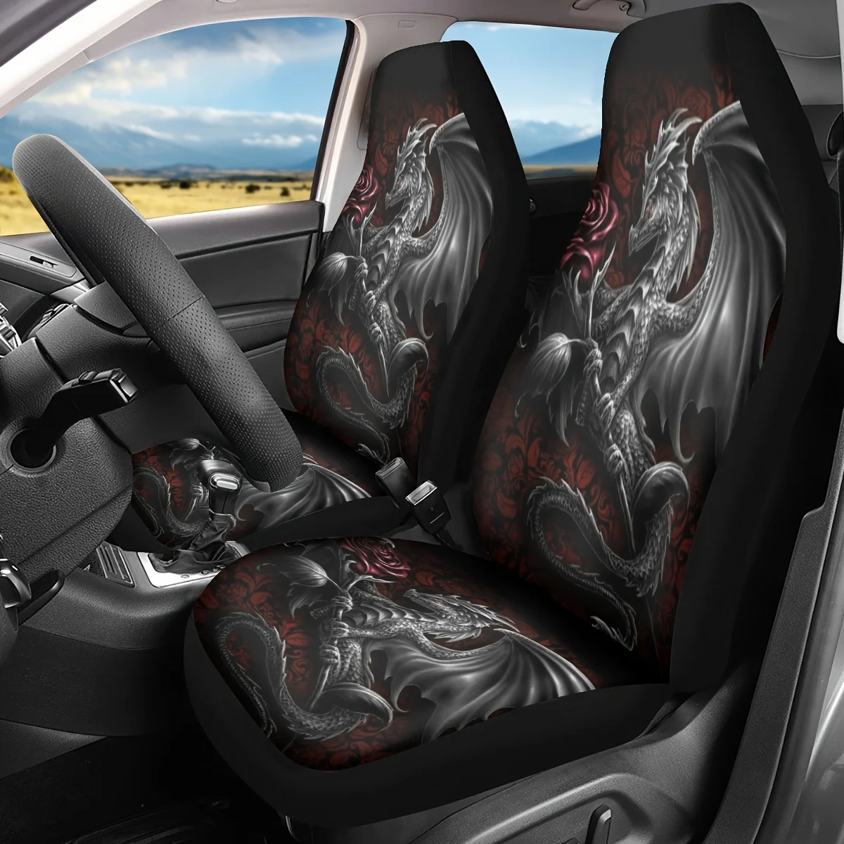 2pcs Silvery Dragon Print Car Seat Covers, For Women And For Man, Universal Auto Front Seats Protector Fits For Car, SUV Sedan,