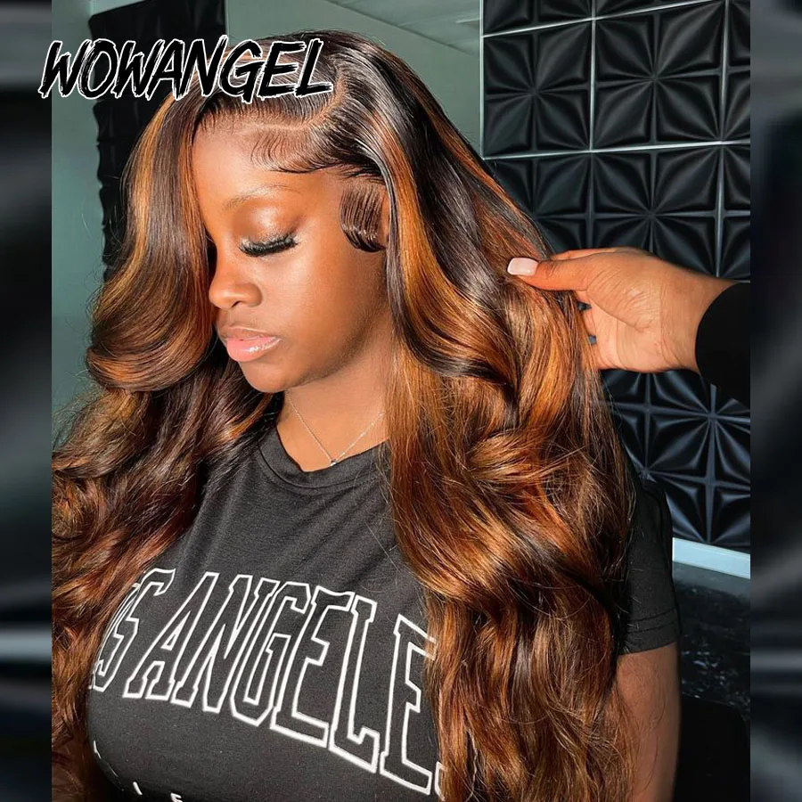 Wow Angel 250% Ombre Highlight Wig 13x6 HD Парик фронта шнурка Глубокая часть Объемная волна Парик из человеческих волос Melt Skins Натуральная кожа