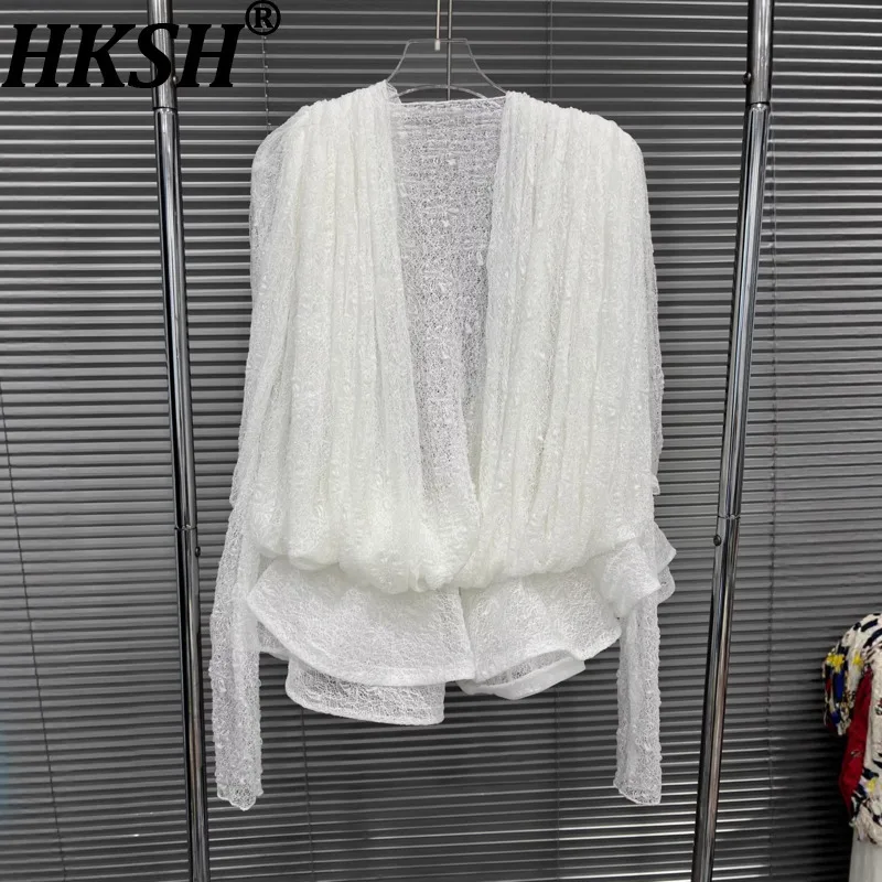 HKSH 2026 Spring Summer New Women's Short Dress O-neck Long Sleeve T-shirt Shorts Pleated Mesh Lace Elegant Sexy Dresses HK18092