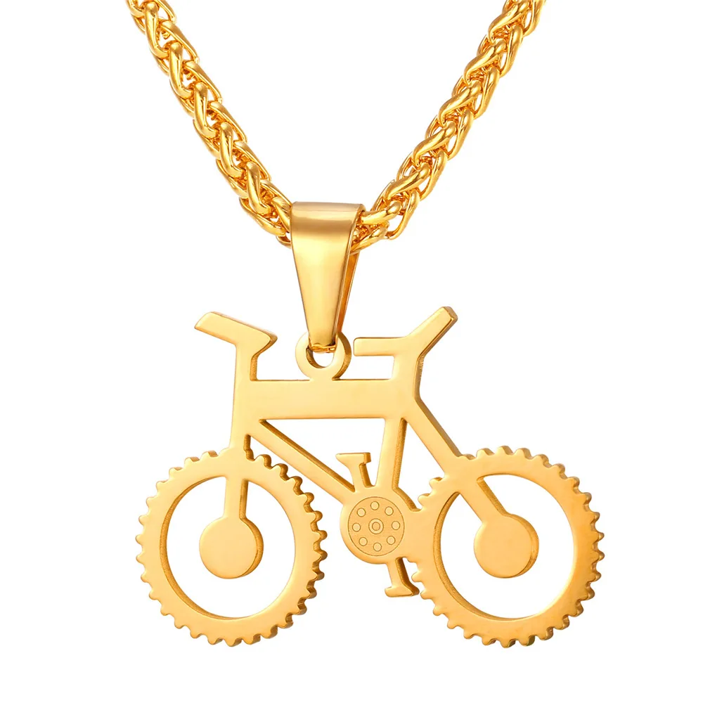 Chainspro Stainless Steel Bike Necklace Collare Steampunk Gold Black Color Bicycle Fitness Pendant Jewel for Sport Lover Unisex