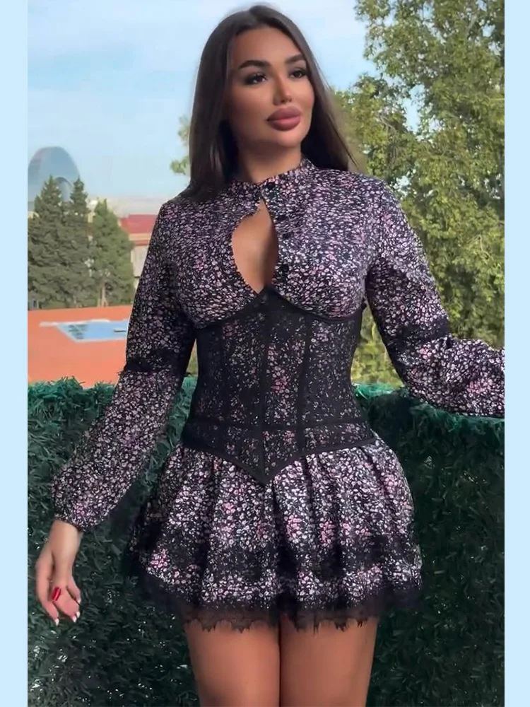 Damen-Minikleider mit Aufdruck, Taillenschnürung, Laternenärmeln, Kurzkleid mit O-Ausschnitt, Spitzen-Patchwork, Schlanker Schnitt, Partykleidung, Neu – Detail 17