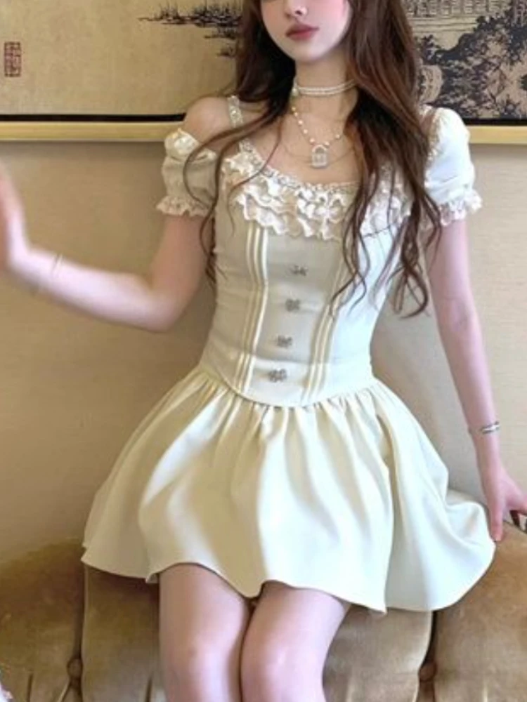 2024 Vintage Solid Elegant Korean Fashion Set Women Fairy New 2 Piece Sets Female Sweet Casual Sexy Mini Skirt Suit Summer 2024