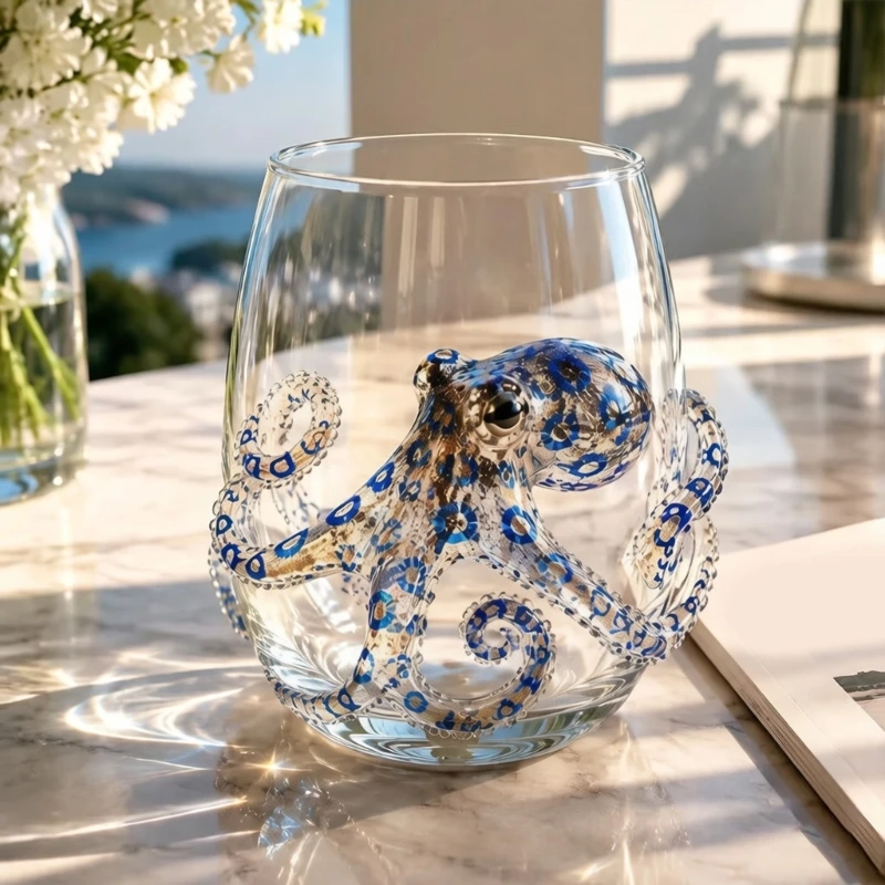 Octopuses Glass Cup Clear Decorative Drinking Glasses for Coffee Tea Water, Clear Desktop Drinkware Wine Cup for Home Bar Y5GB
