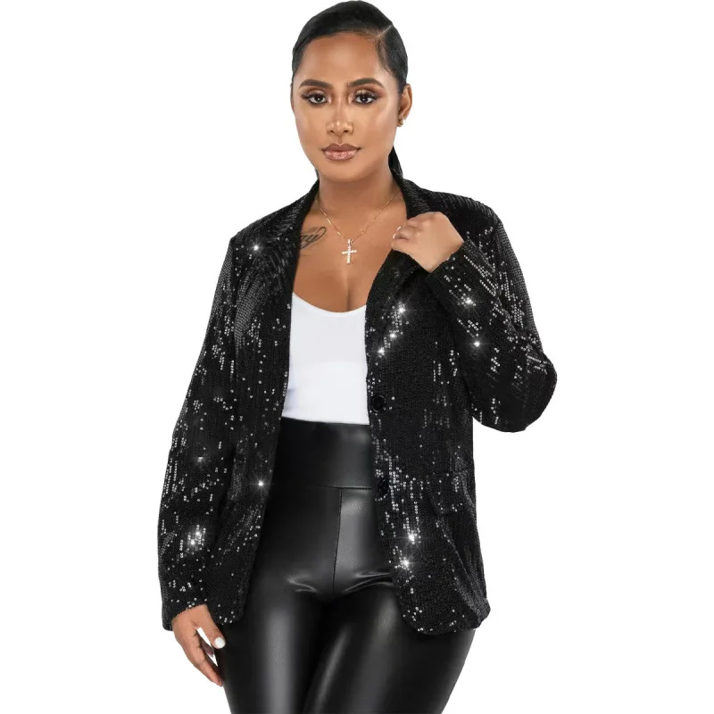 

Women Jacket Winter Wear New Casual Bright Sequins Shiny Evening Party Wear Long Sleeve Glitter Lapel Suit Coat Outerwear
