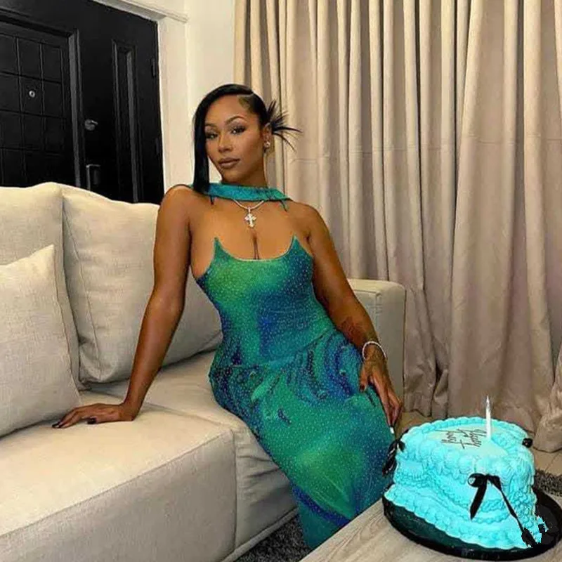 Abiti lunghi con stampa elegante attillata europea-americana Abiti lunghi da donna Moda Clubwear Abiti da sera senza maniche aderenti