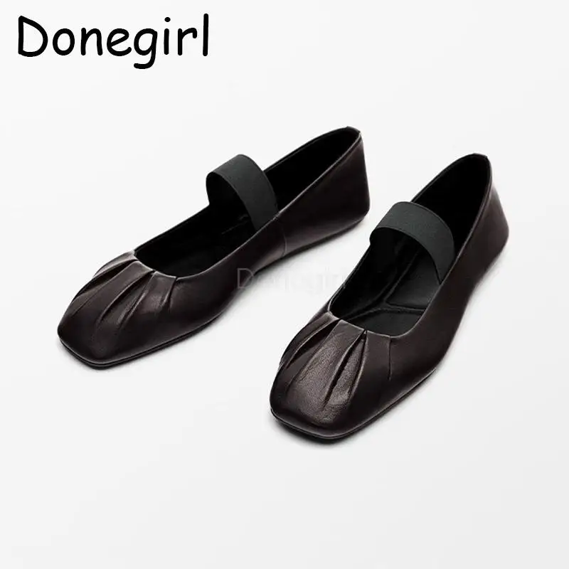 Donegirl Women 2024 New Autumn Leather Flat Bottom Mary Jane Shoes Solid Pleats Square Head Elegant Ballet Shoes Female Chic