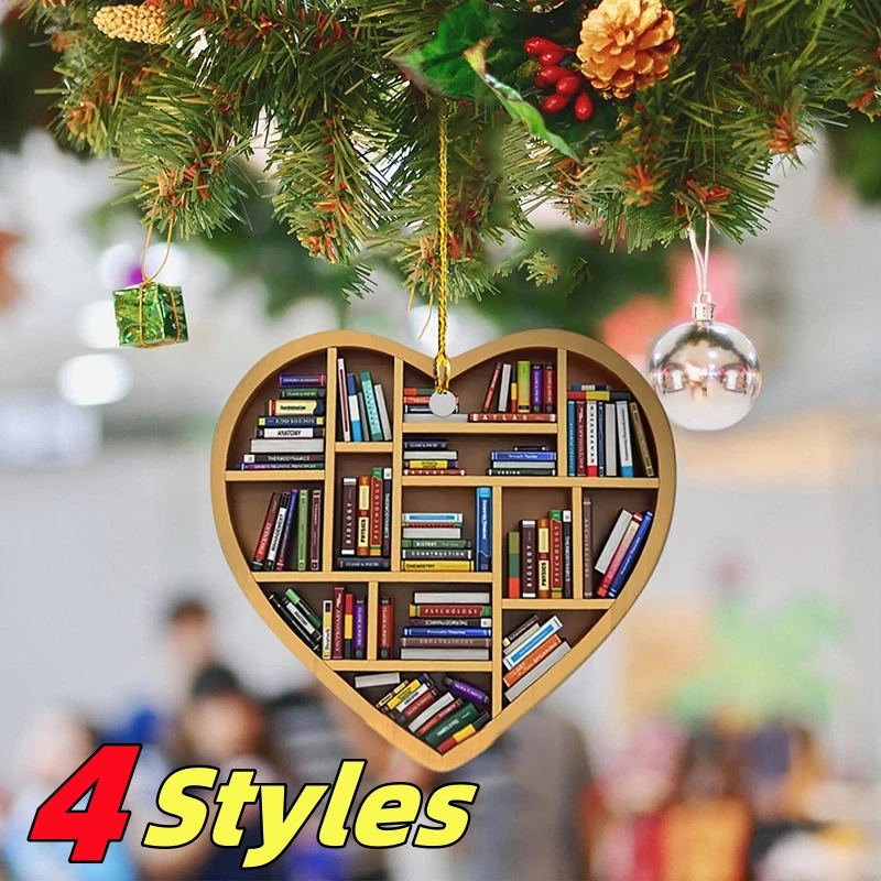 Book Lovers Heart Shaped Bookshelf Christmas Pendant Acrylic Drop Ornament Door Window Christmas Tree Car Hanging Decoration