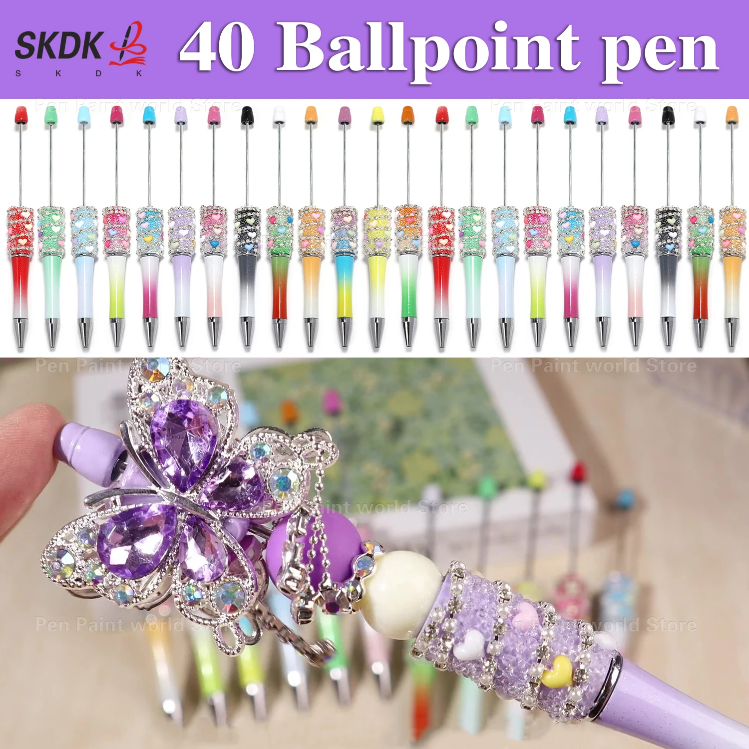 40Pcs Gradient DIY Bead Pen with Heart Accents and Rhinestone Chain – Refillable Ballpoint Pen for Gifts
