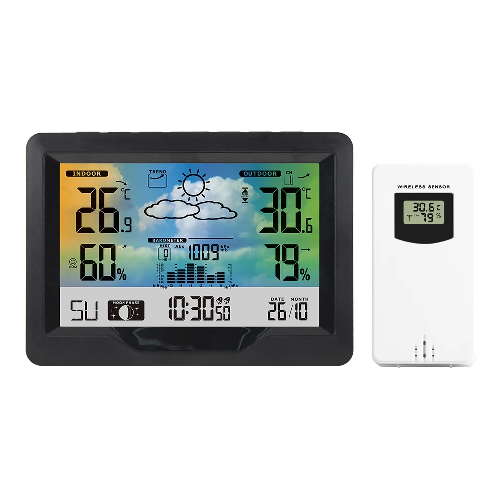 Wireless Weather Station Forecaster Indoor Outdoor Thermometer Hygrometer with Sensor Color Touch Screen Alarm Clock Calendar