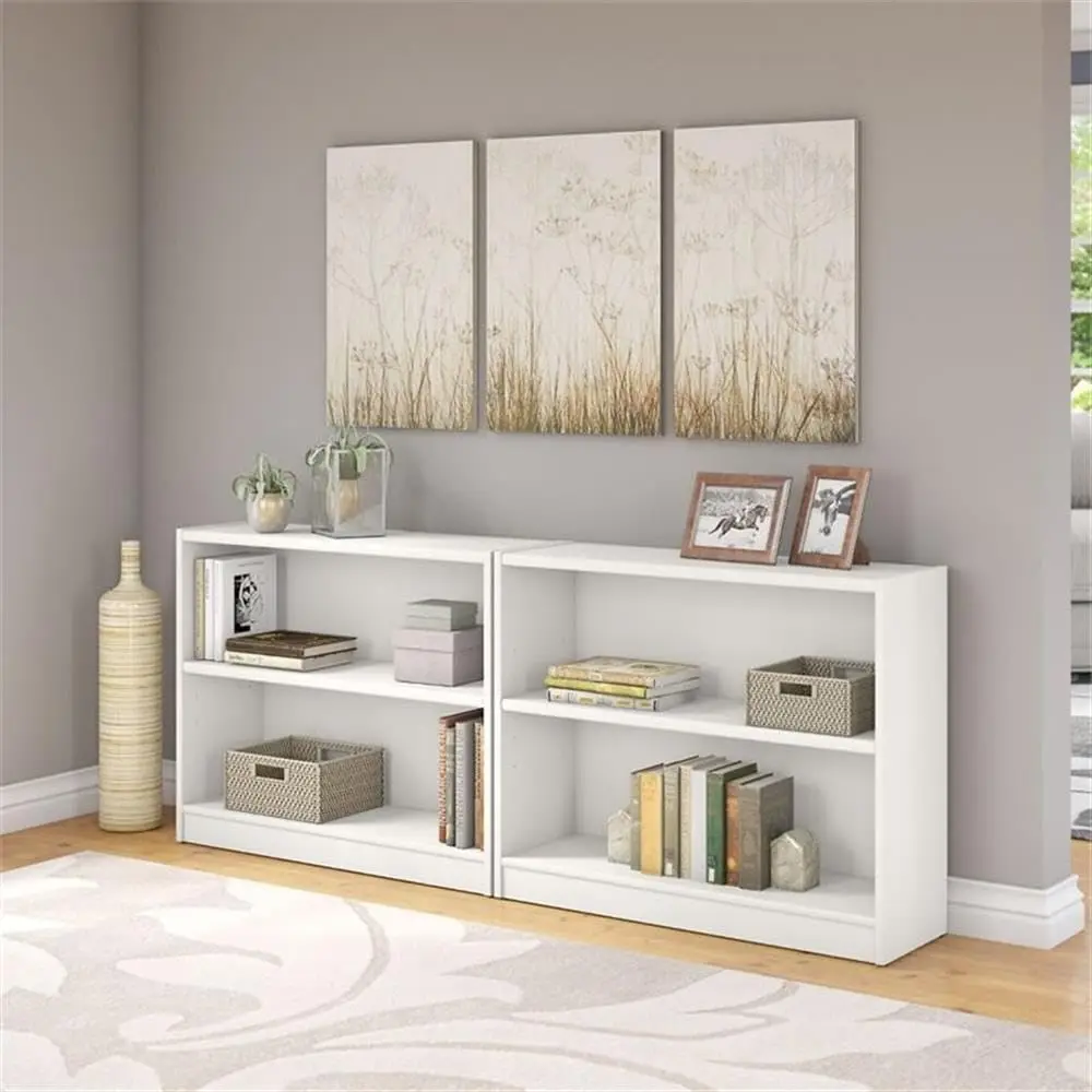 2-Shelf White Bookcase Set of 2, Laminate Wood Adjustable & Fixed Shelves, 30x37x12 in, Home Office Storage, Customized