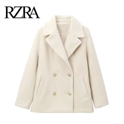 RZRA2024 new winter women's gold double-breasted lapel straight pearl wool coat jacket temperament commuting