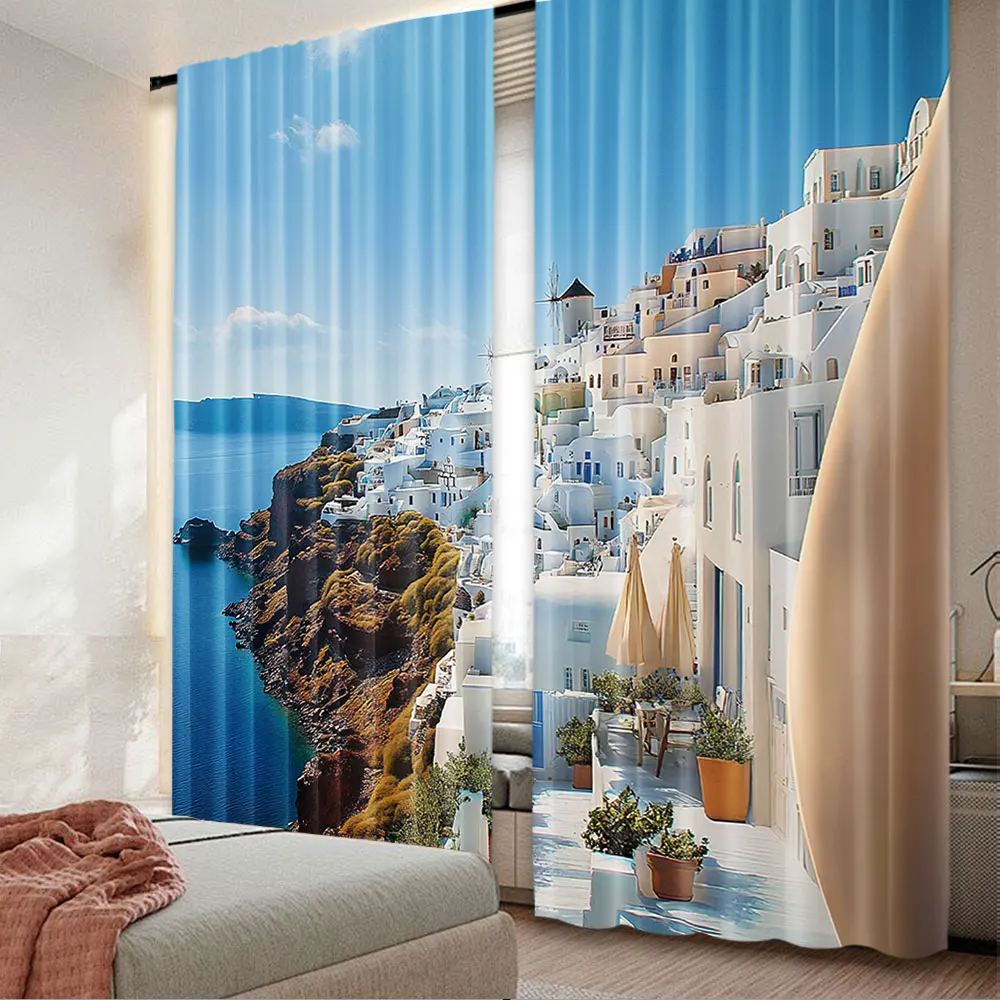 2Pcs European Curtain Cityscape On The Edge Of Cliff Greece Island Land With Mediterranean Culture Theme Suitable For Living