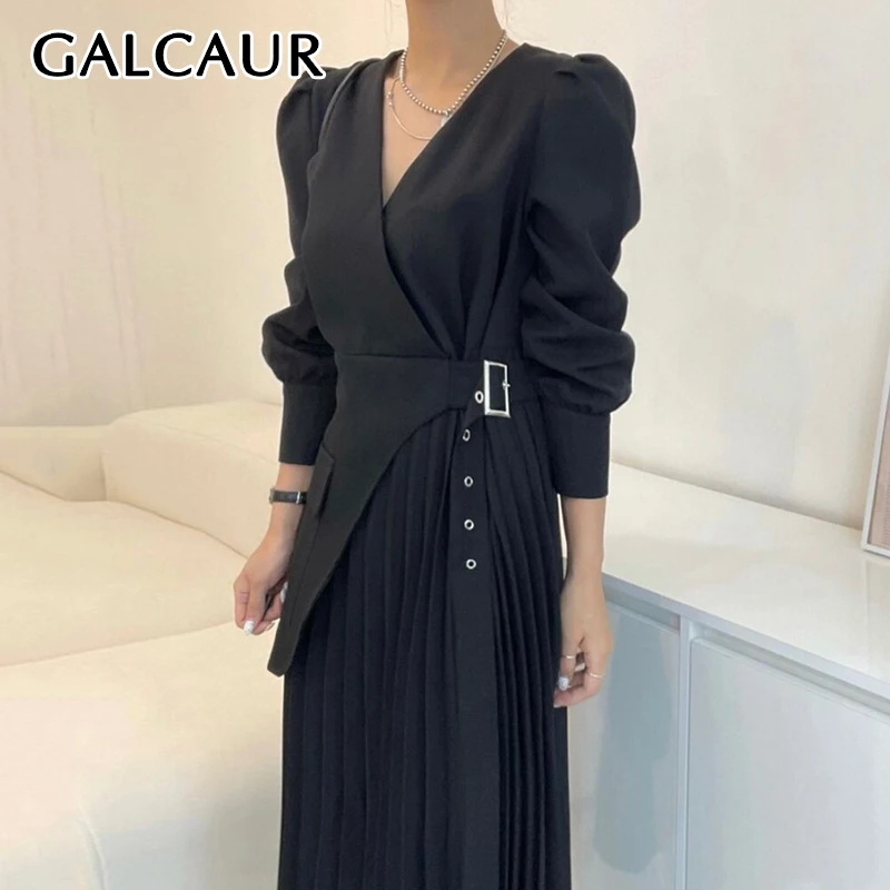 GALCAUR Patchwork Lace Up Dress For Women V Neck Long Sleeve Spliced Zipper Pleated Formal Style Blazer Dresses Female Clothing