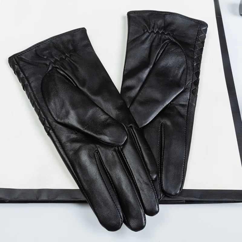

Women's leather gloves, thin inner weaving, full palm touch screen on the back of the hand, windproof and cold-proof in autumn
