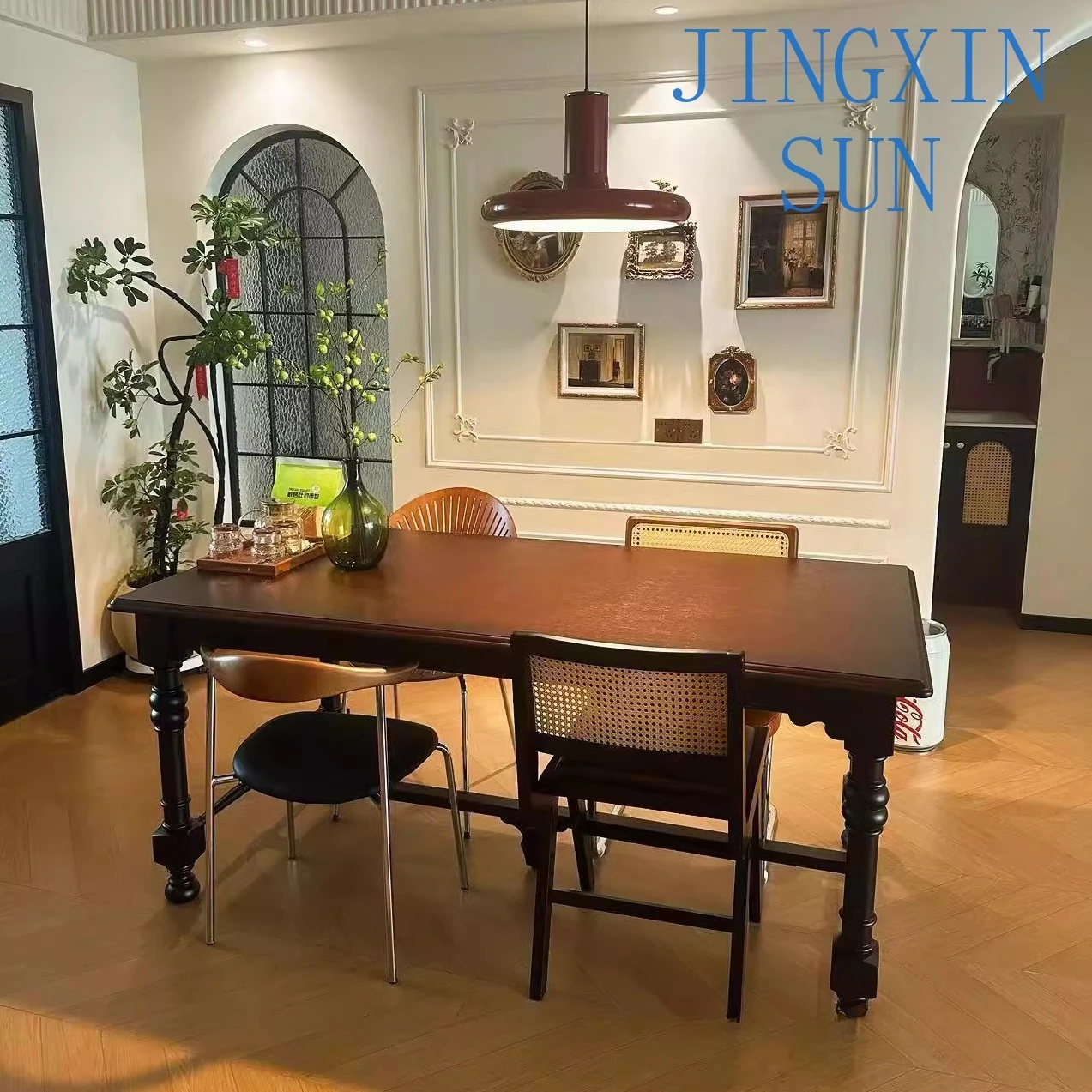Solid wood dining table medieval black Nanyang style retro home long table country villa rectangular dining table