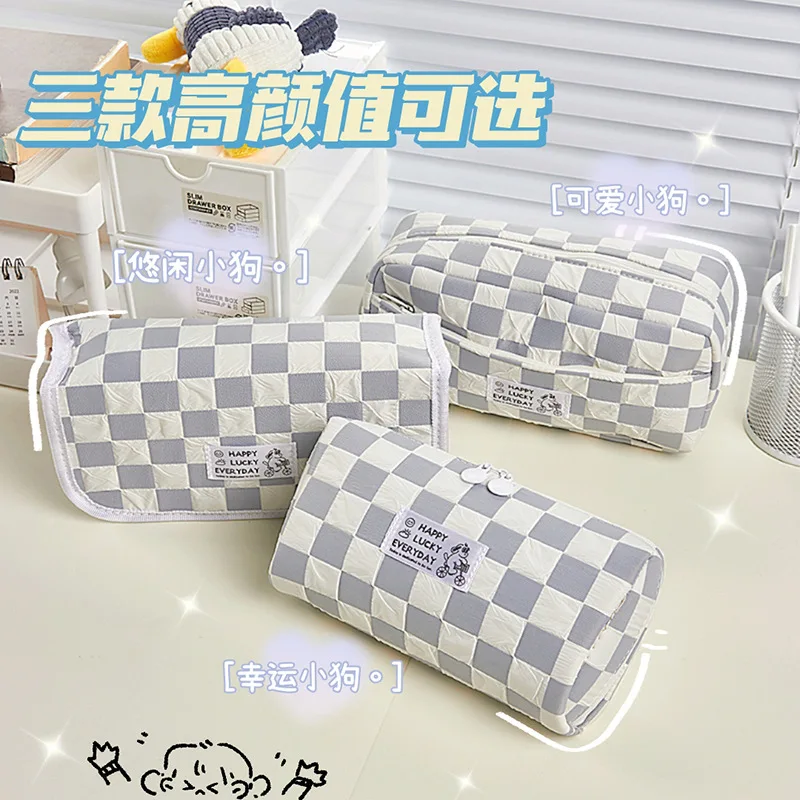 Puppy Checkerboard Large-capacity Pencil Bag Multi-functional Cute Multi-functional Stationery Bag Pencil Bag