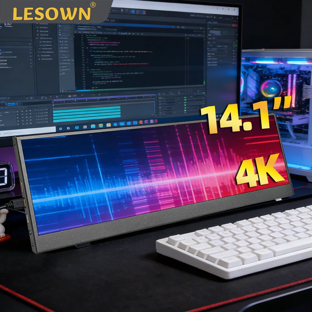 

Портативный монитор LESOWN 14.1 дюйма с ультрашироким IPS-экраном 3840x1100 и USB-C, дополнительный монитор для музыкального спектрального анализатора