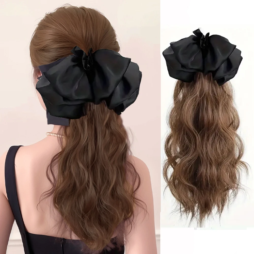 

Элегантный женский зажим для наращивания хвоста с бантом - синтетические волосы с волнистыми волосами, универсальные для всех случаев, парик с зажимом для волос