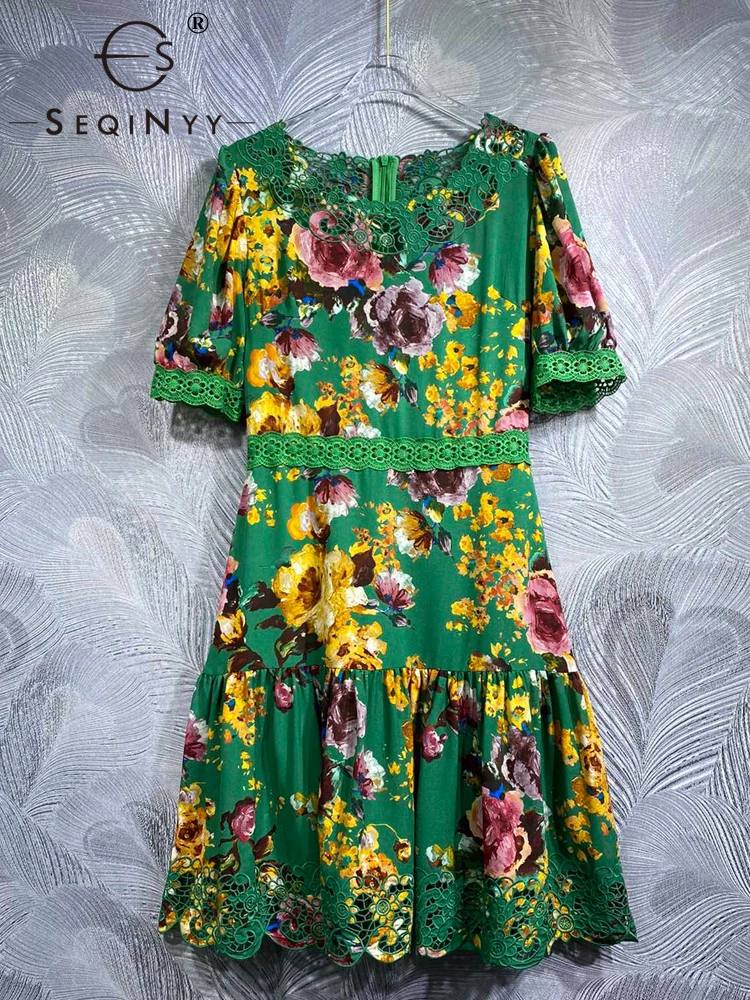 

SEQINYY Casual Mini Dress Summer Spring New Fashion Design Women Runway High Street Vintage Flower Print Hollow Out Short Sleeve