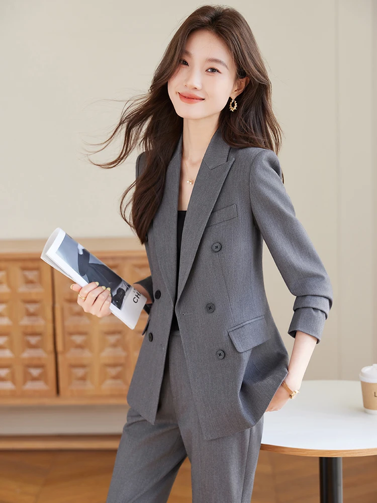 Gray Suit Jacket Women's Elegant Professional Commuting Work Interview Formal Western Suit Set Office Uniform Long Sleeve