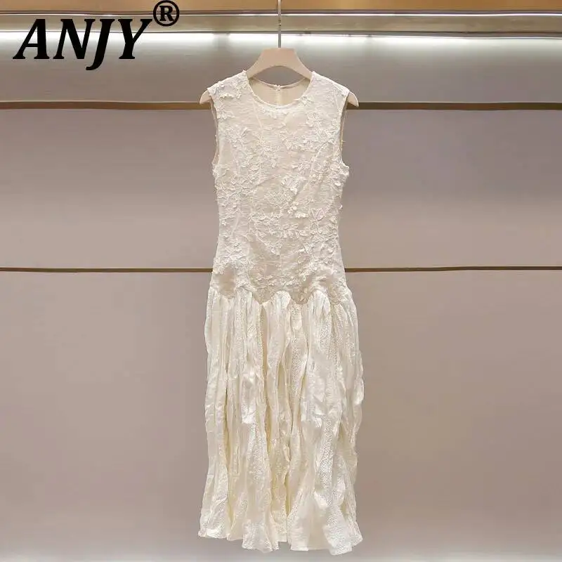 ANJY Summer New Women High-End Elegant Lace Patchwork Textured Sleeveless Long Dress Trendy Fashion Slim Fit Chic Dresses A23030
