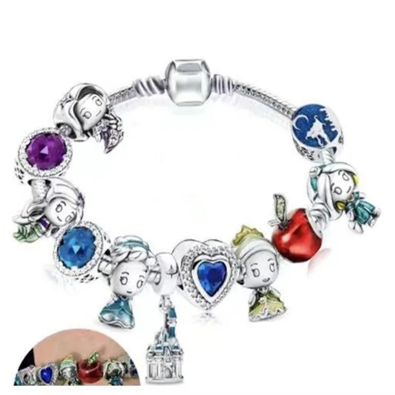 Disney Princess Bracelet for Women Anime Jasmine Ariel Tiana Cinderella Castle Charms Pulsera Snow White Apple Beads DIY Jewelry