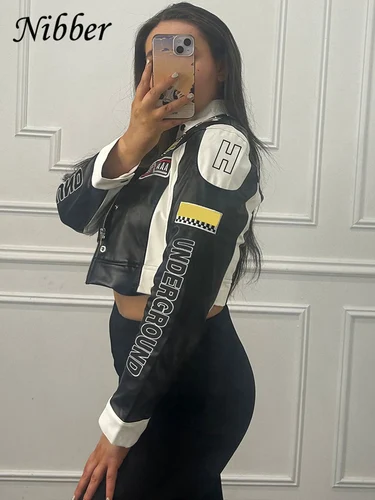 Imagen 2 del producto Chaqueta de cuero de imitación de estilo Hipster de Nibber para mujer, abrigo de moda de otoño Hipster con estampado de letras y uniforme Hipster de calle de un solo pecho