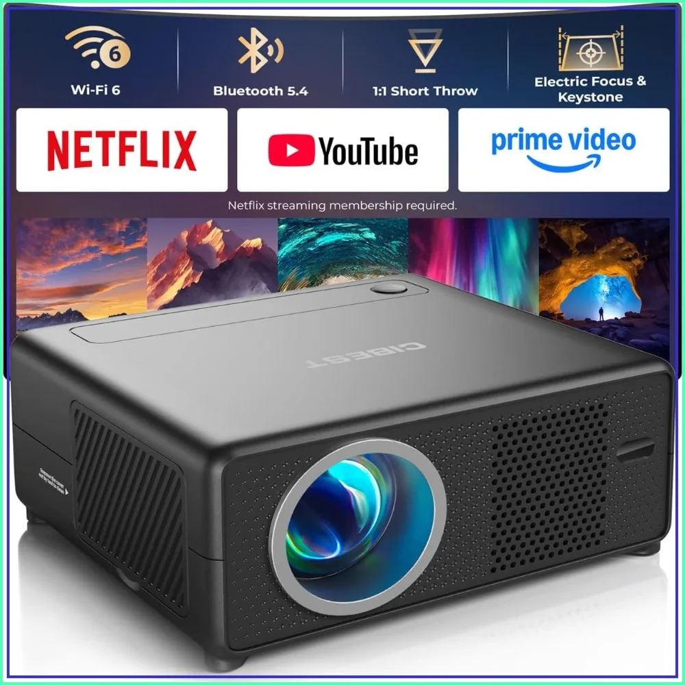 

Mini Projector with WiFi and Bluetooth, Compatible with Netflix/YouTube/PrimeVideo, Electric Focus & Keystone, Short Throw Full HD 1080P, Portable Indoor/Outdoor