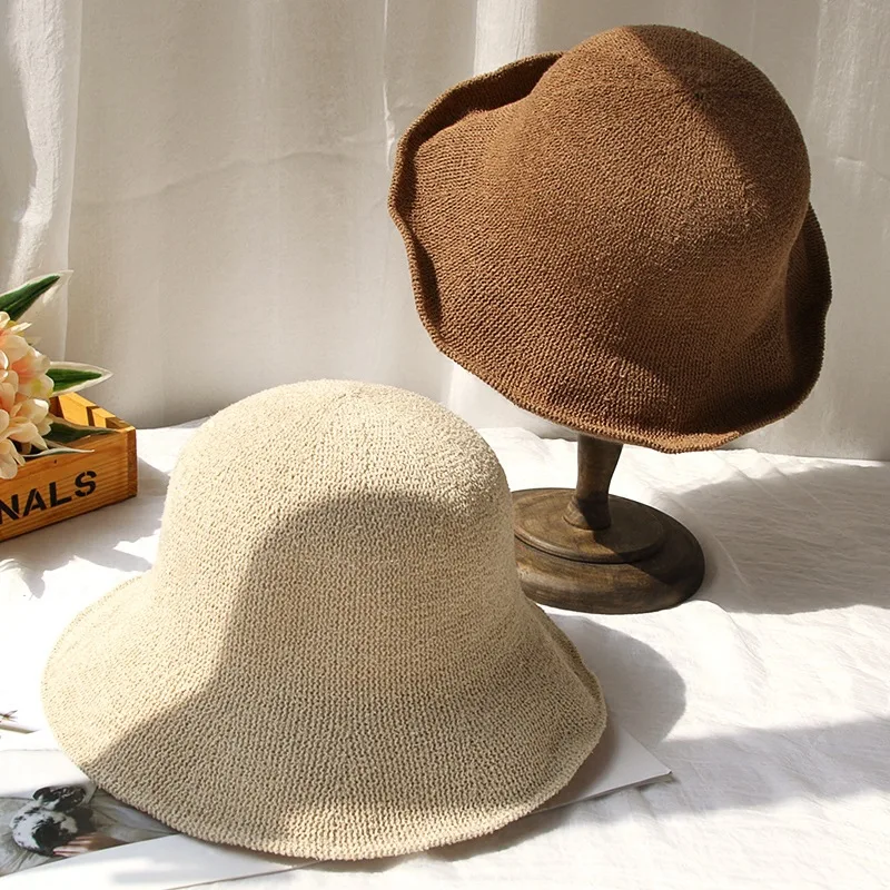 Knitted Soft Top Breathable Summer Fisherman Hat Women\'S Literature Sen Series Foldable Basin Hat Shade Casual Versatile Fashion