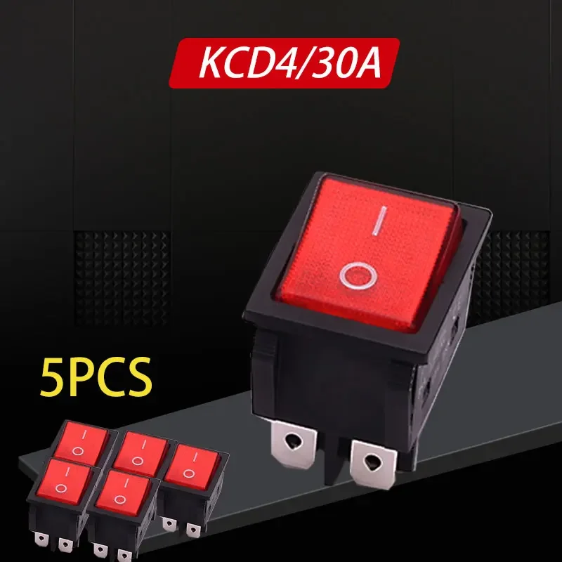 

5PCS 30A 250V Heavy Duty KCD4 Rocker Switch ON Off DPST 4 Pin With Red Lighted 220V Toggle Switch T125