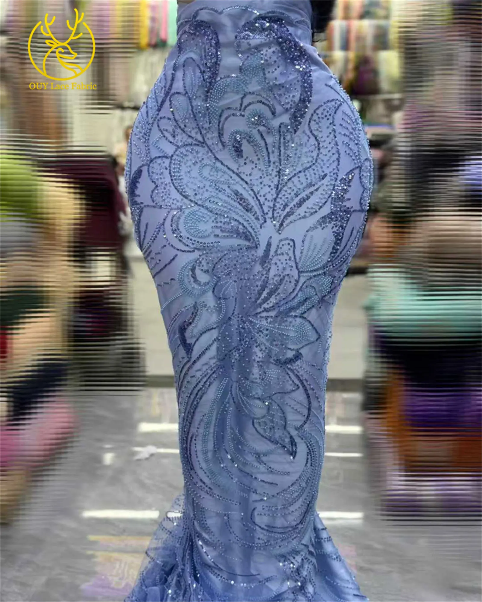 Wholesale Hot Selling African Beaded Lace Fabric 2025 High Quality Green French Nigerian Sequin Lace Fabric for Wedding Dress - Image 3