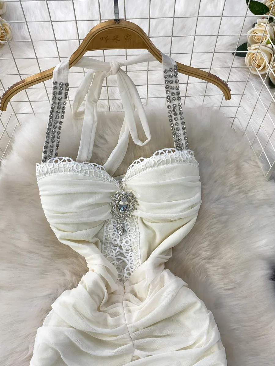 Foamlina Abito sexy con scollo a V e strass con cinturino alla caviglia Abito estivo da donna con ritaglio glamour in vita stretta a coda di pesce Abiti maxi eleganti