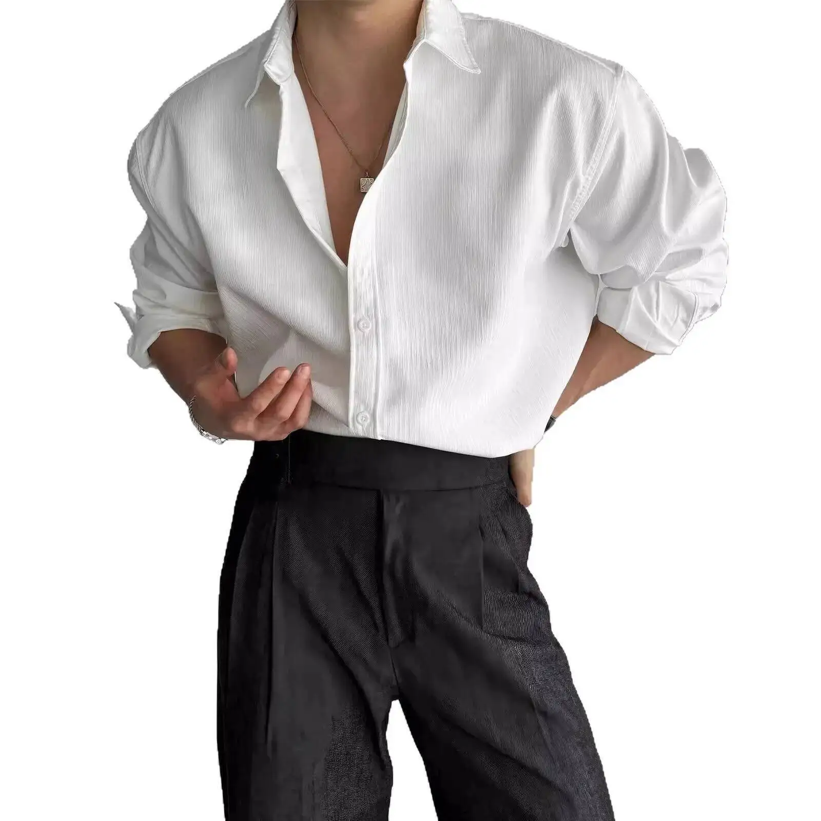 Men's Black White Long Sleeve Shirt High End Vertical Texture Mature Style Versatile Wrinkle Resistant Casual Business Shirt