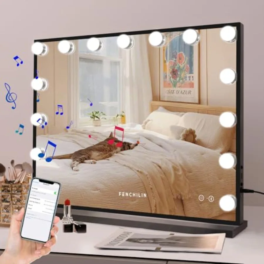 

Hollywood Vanity Mirror with Lights and Bluetooth Speaker Makeup with 15 Dimmable Lighted LED Bulbs Tabletop or Wall-Mounted fo