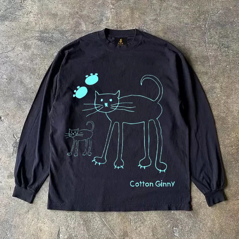 Long Sleeve Pure Cotton T-Shirt Unisex Youth Fashion Print Animal Pattern Warm Spring Autumn round Neck Regular Fit Chinese B...