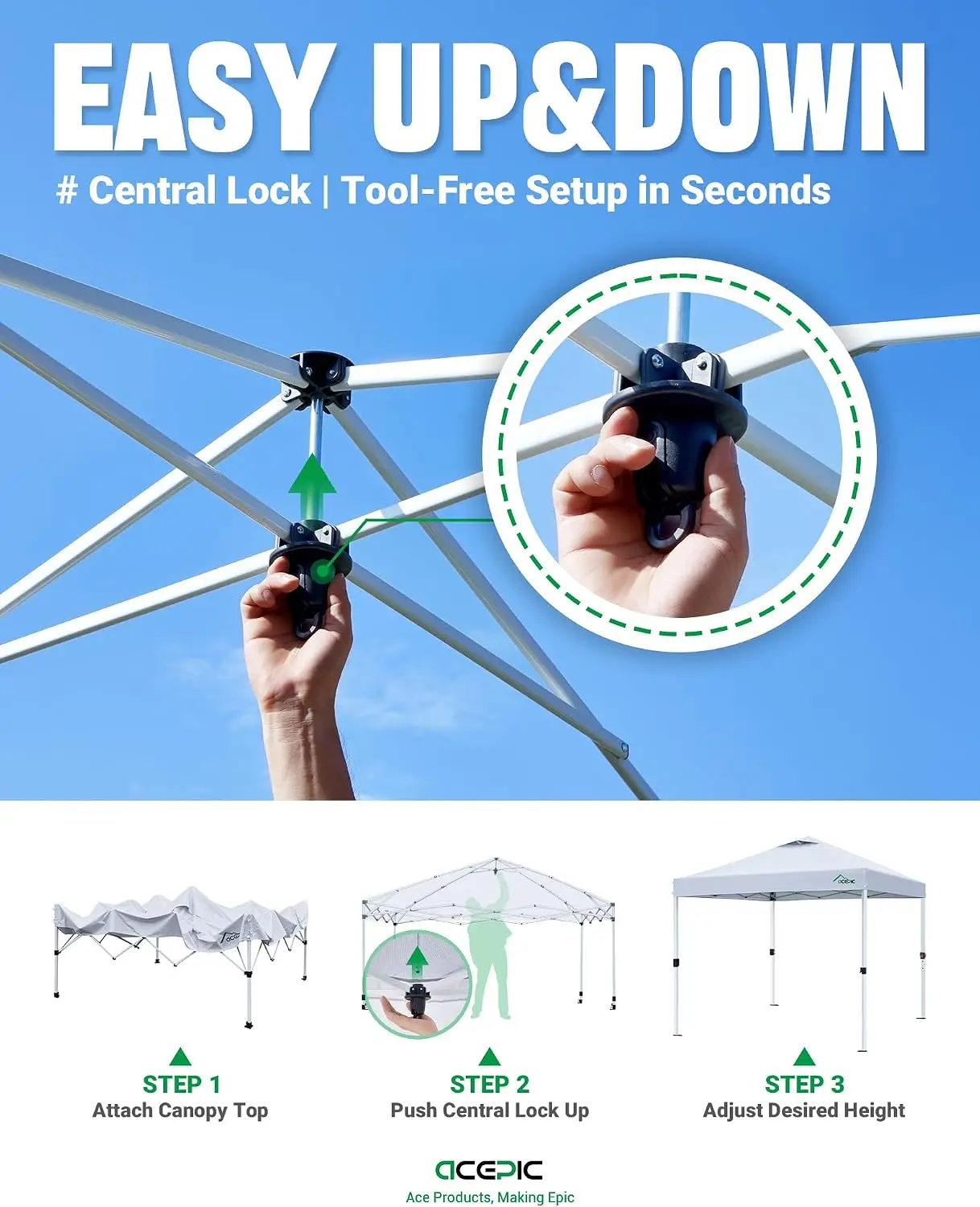 ^10x10 Pop Up Canopy Tent, Easy Setup Portable Shelter, White, 10*10 | 1-Push Center Lock 10x10 Pop Up Canopy Tent with 3-Layer